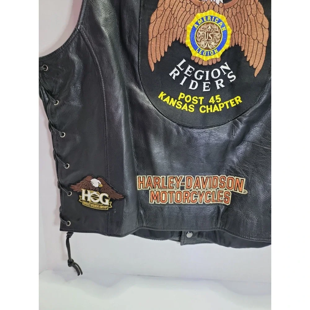 Harley‎ Davidson Black Leather Vest Size Large With Multiple Patches RN # 103819